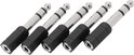 Vijf 6.35mm naar 3.5mm audio adapters, zilverkleurig met zwart handvat, op een rij.