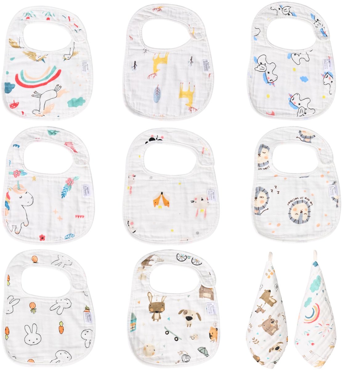 Image of 8 stuks slabbetjes baby halsdoek waterdichte halsdoeken kwijlslabbetje mousseline wasbare slabbetje + 2 stuks mousseline washandjes baby kinderen 2 jaar slip-on slabbetje baby slabbetje aanvullende voeding boerenslabbetje badstof unisex