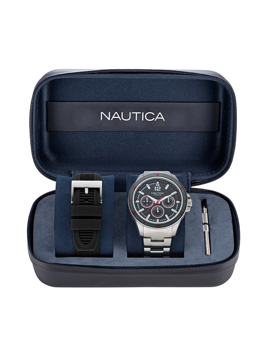 Nautica Nct Windrose Chronograph Watch Zilverkleurig En Zwart Case: 100% Roestvrij Staal | Armband: 100% Roestvrij Staal 46 mm NAPWRS405, NAPWRS406