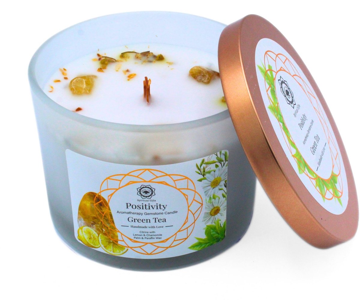 Green Tree - Edelsteenkaars - Aromatherapie - Geurkaars - Positivity - Groene Thee - met edelstenen - 256g