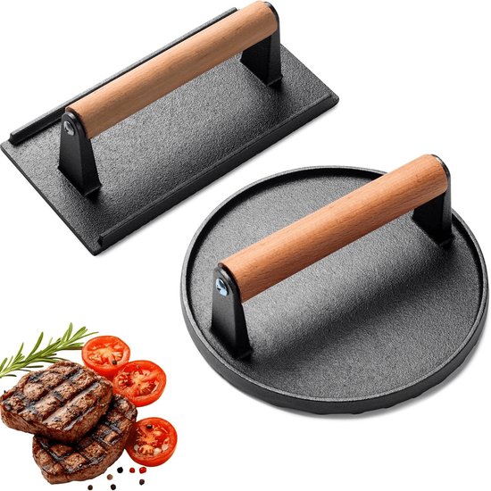 2-delige gietijzeren grillpers - Gietijzeren hamburgerpers - Grillpers - Vleespers - Grillaccessoires - Hamburgergereedschap - Werkt met elke platte bovenkant, teppanyaki, gietijzeren grill, grillpan en kookplaat - Zwart, hout