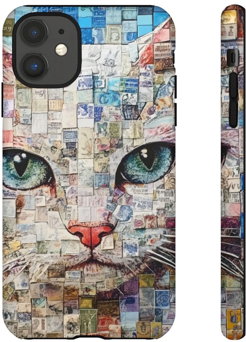Kattengezicht Collage met Blauwe Achtergrond – Telefoonhoesje Geschikt voor iPhone 11