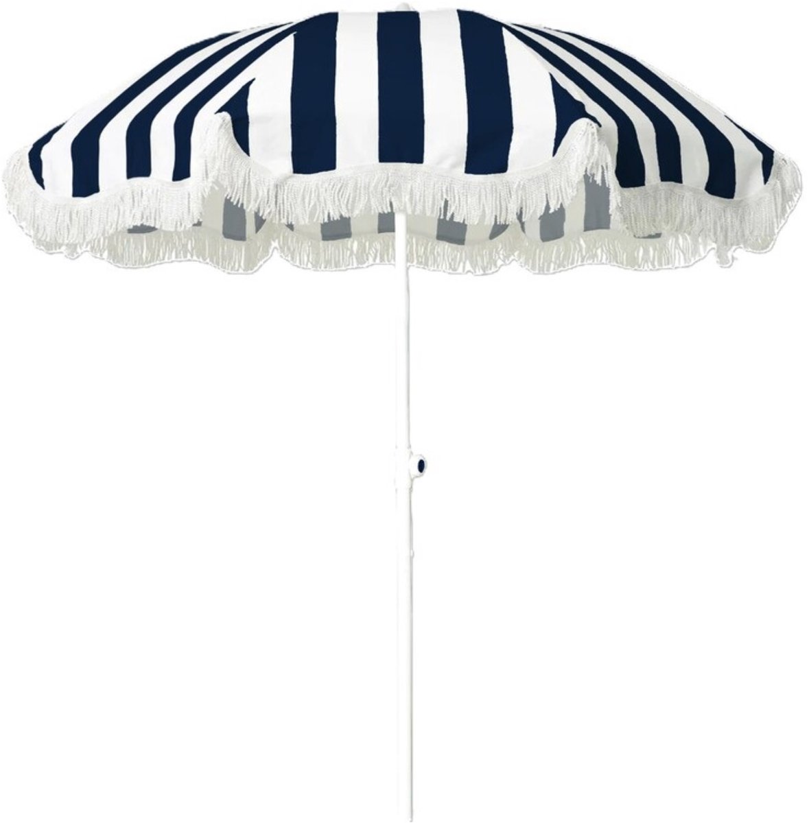 Strand parasol Jakarta - D180 cm - blauw/wit - strepen - inklapbaar - zomer - met franjes
