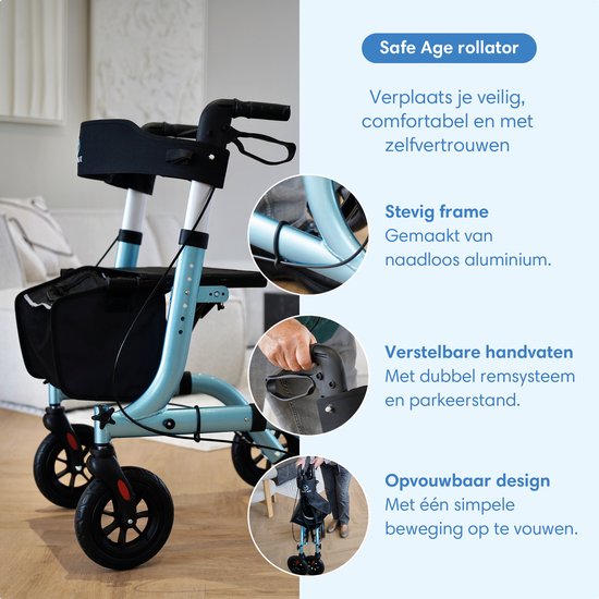 Een turquoise rollator met vier wielen, een zitje en handvatten. Er zijn close-ups van het frame, de remhendels en de opvouwbare functie.