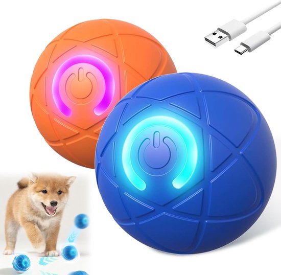 Honden speelgoed- Hondenspeelgoed - Automatische obstakelvermijding - Onbeperkte batterijduur - Perfect voor buitenplezier en training - Krachtig interactief stuiterspel - Perfect om mee te spelen in de achtertuin (Blauw + Oranje - 6 cm)