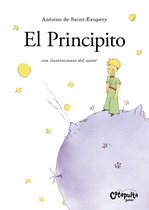 El Principito, met illustraties van de auteur, Antoine de Saint-Exupéry, staat op een paarse planeet, omringd door gele sterren en gele cirkels.