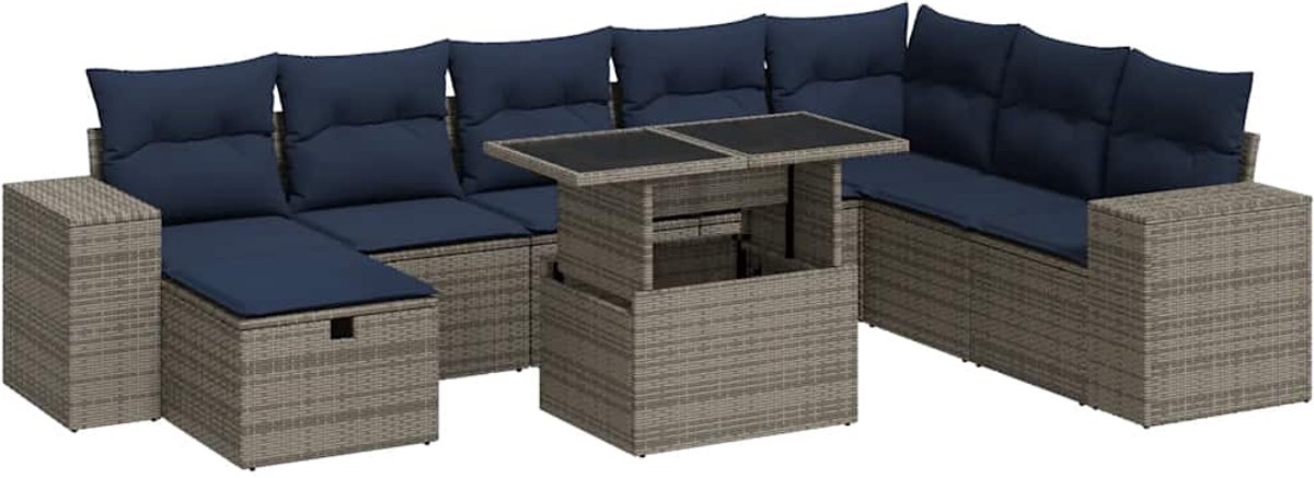 vidaXL 9-delige - Loungeset - met - kussens - poly - rattan - acacia - bruin Grijs