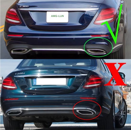 Vergelijking van Mercedes E-klasse W213 achterkant. Boven de juiste AMG-stijl diffusor met dubbele uitlaat. Onder de verkeerde met enkele uitlaat.