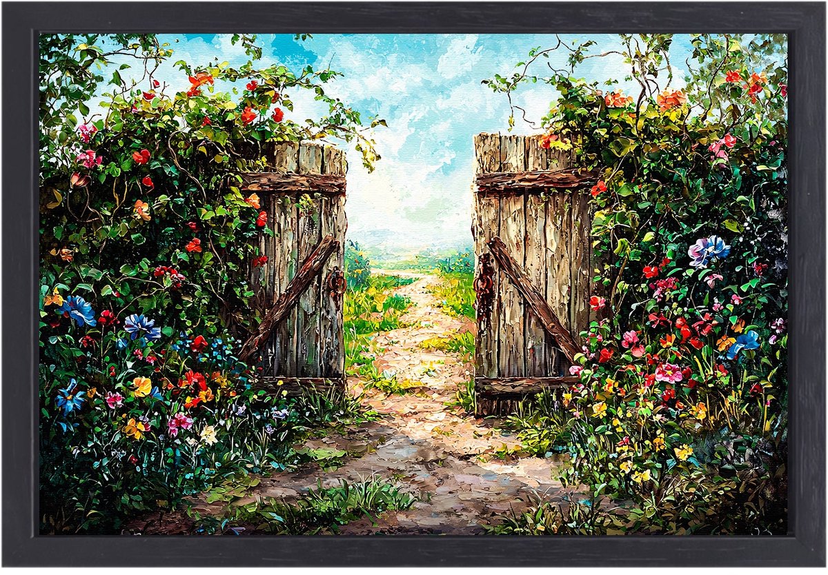 Sfeervolle tuinpoort met bloemen - Tuin portret - Canvas schilderij poort - Impressionisme