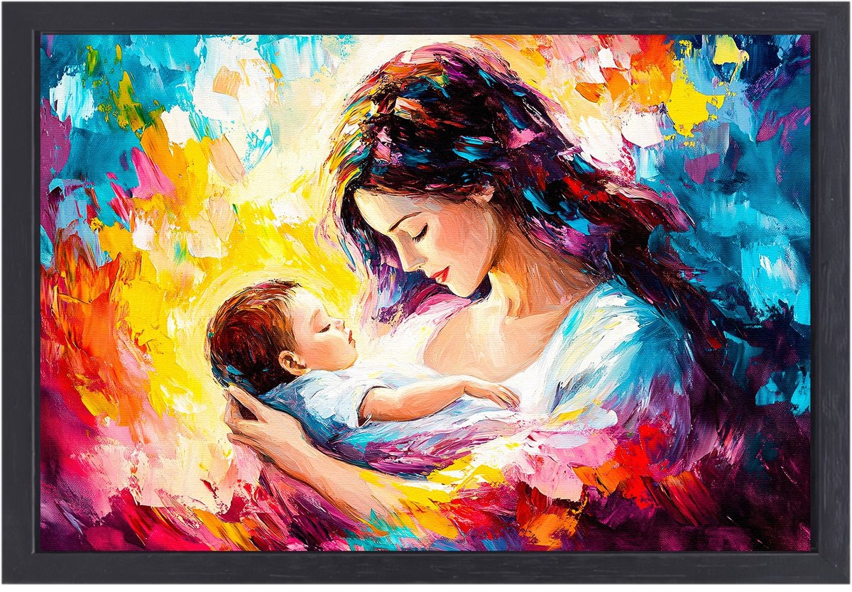 Moeder met baby in kleur - Moederliefde portret - Canvas schilderij moeder - Expressionisme - Canvas art met baklijst - Stijlvolle wanddecoratie - canvas met baklijst 90x60 cm