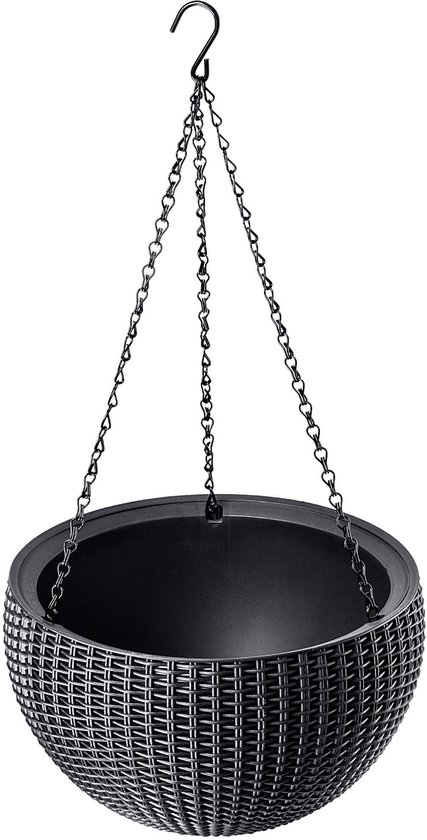 Zwarte hangende bloempot met kettingen en een gevlochten patroon.