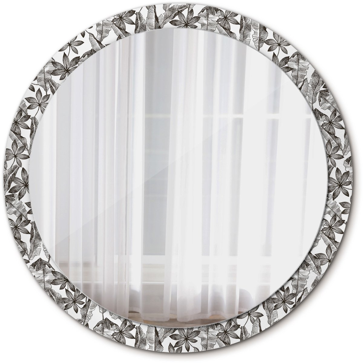 Tulup Spiegel - Spiegel op gehard Glas - Ronde Spiegel - Tropische bladeren - Diameter: 100 cm - Design Spiegel - Scandinavisch Design - Zwart-Witte - Woonkamerspiegel - Inloopkastspiegel - Spiegel voor kantoor of studio - Scheerspiegel - Montageset