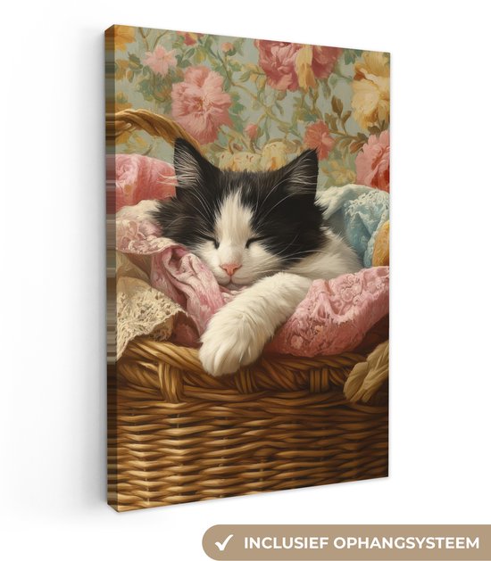 Canvas schilderij 20x30 cm - Exclusieve wanddecoratie Kat - Bloemenprint - Rieten mand - Muurdecoratie woonkamer - Slaapkamer decoratie - Kamer accessoires - Schilderijen op canvas