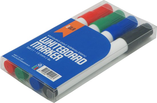 Set van 4 DULA whiteboardstiften in rood, groen, blauw en zwart, 1-1.5 mm, ronde punt.
