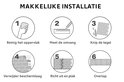Instructies voor gemakkelijke installatie: reinig de ondergrond, meet de omvang, knip de tegel, verwijder beschermlaag, richt uit en plak, overlap.