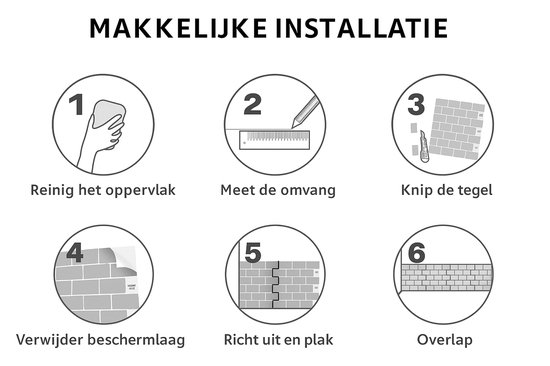 Instructies voor gemakkelijke installatie: reinig de ondergrond, meet de omvang, knip de tegel, verwijder beschermlaag, richt uit en plak, overlap.