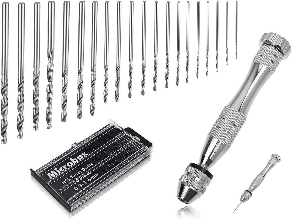 Hand Drill 21 Pieces Mini Drill - Screw Spiral Drill - Mini Drill Model Making Accessories voor Epoxy Resin - Model Making (Silver, 0.3-1.6 mm)