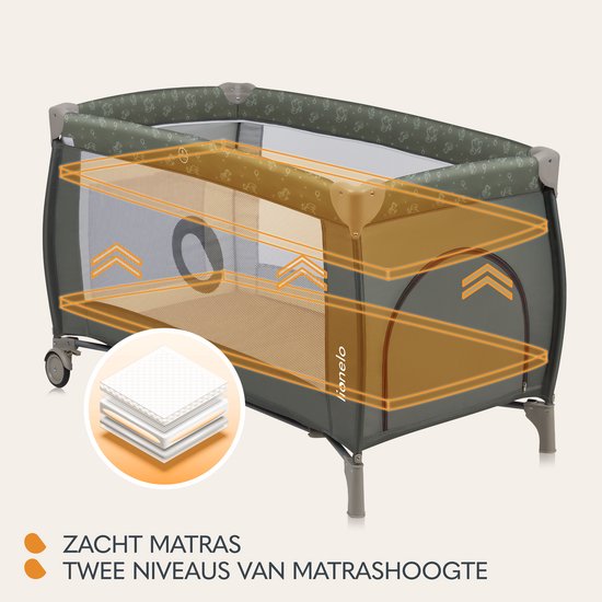 Donkergroen reisbedje met matras en indicatie van twee matrasniveaus.