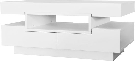 Salontafel in hoogglans, met LED-lichtstrip, 4 laden aan de voor- en achterkant, Spaanplaat hout, Zwart