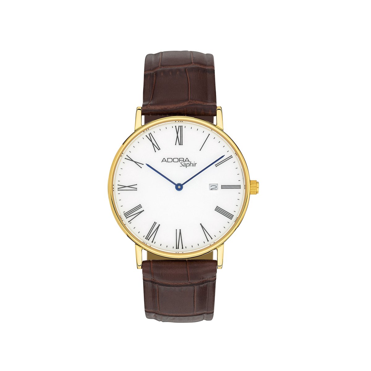Herenhorloge Adora Saphir - Klassiek met Romeinse cijfers, Goudkleurige kast, Saffierglas, Bordeauxbruine leren band - AS4735