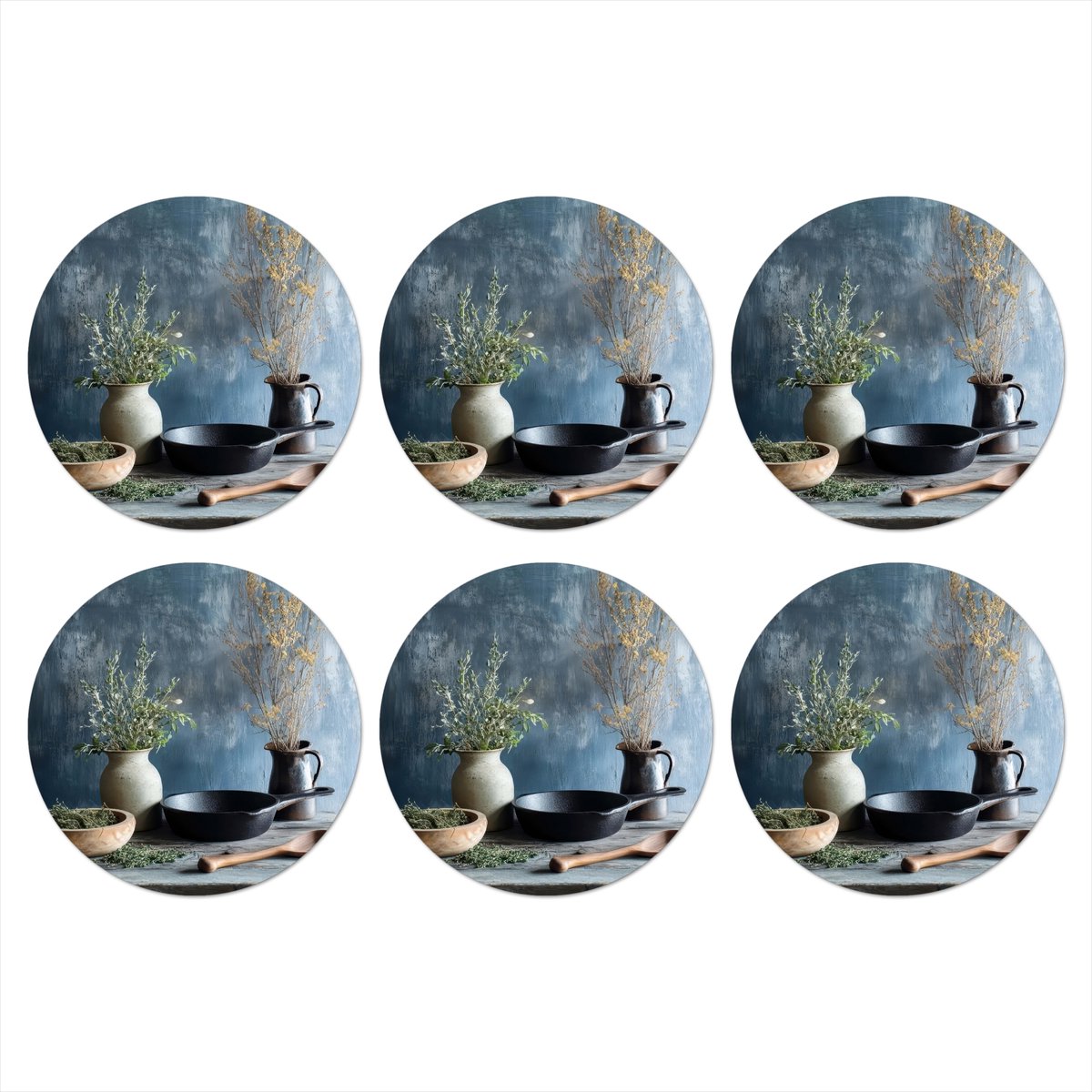 Onderzetters voor glazen - Rond - Pan - Kruiden - Schilderachtig - 10x10 cm - Glasonderzetters - 6 stuks