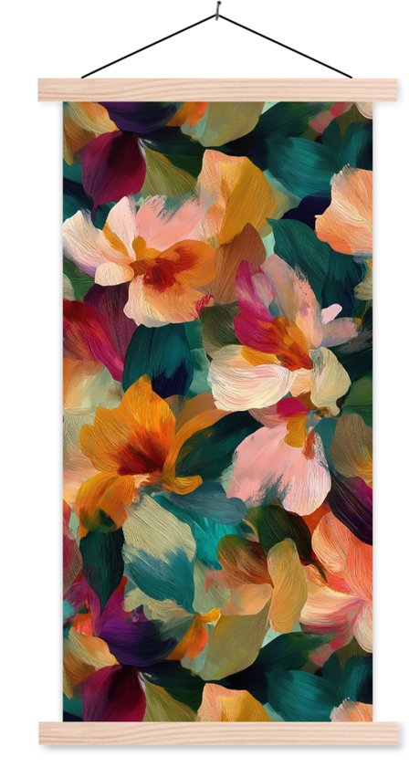 Posterhanger incl. Poster 60x120 cm - Schoolplaat - Harmonieus - Abstracte bloemen - Warme tinten - Textielposter - Blanke latten