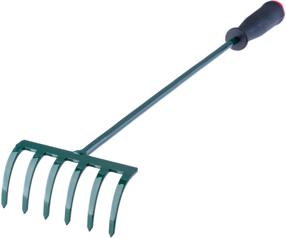 KADAX Hark, kleine hark met steel, bladbezem van metaal, bladhark voor tuin, bloembed, gazonhark, tuingereedschap, hooikoork, tuinhark, groen (60 cm, 6 tanden)
