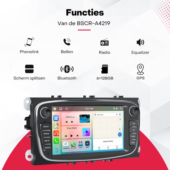 Overzicht van autoradio functies: Phonelink, bellen, radio, equalizer, scherm splitsen, Bluetooth, 6+128GB, GPS. Met stereo.