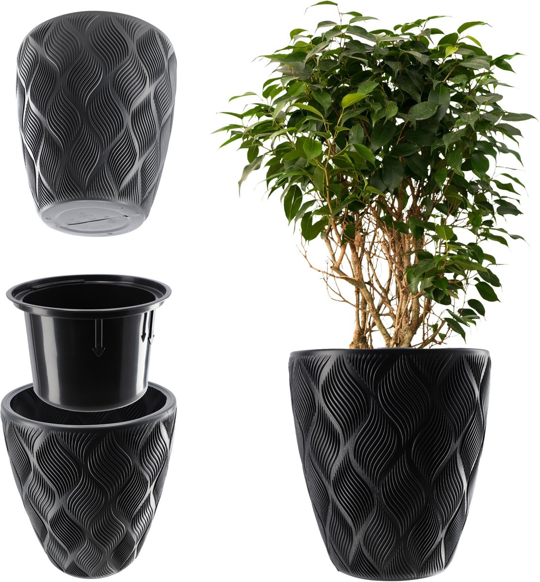 KADAX Bloempot met inzetstuk en handgrepen, plantenbak van kunststof in 5 maten, uv-bestendig, weerbestendig, hoog, met 3D-effect, antraciet, laag