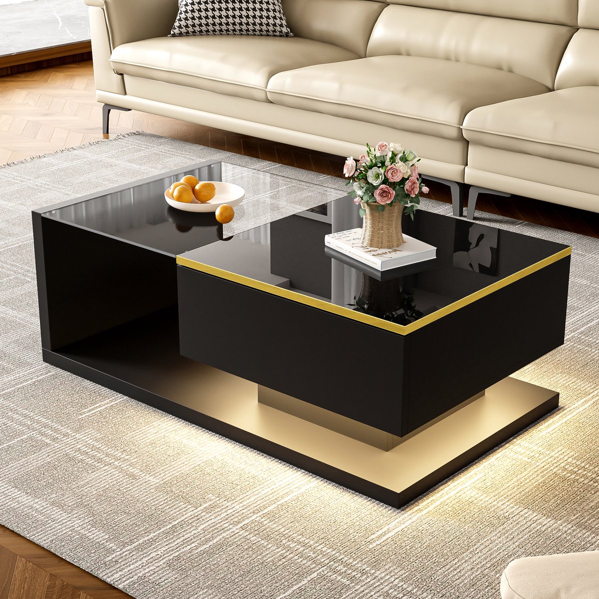 SINGULARITY Salontafel - 90 cm lang - Hoogglans Zwart - Bijzettafel - met glas en LED-effect