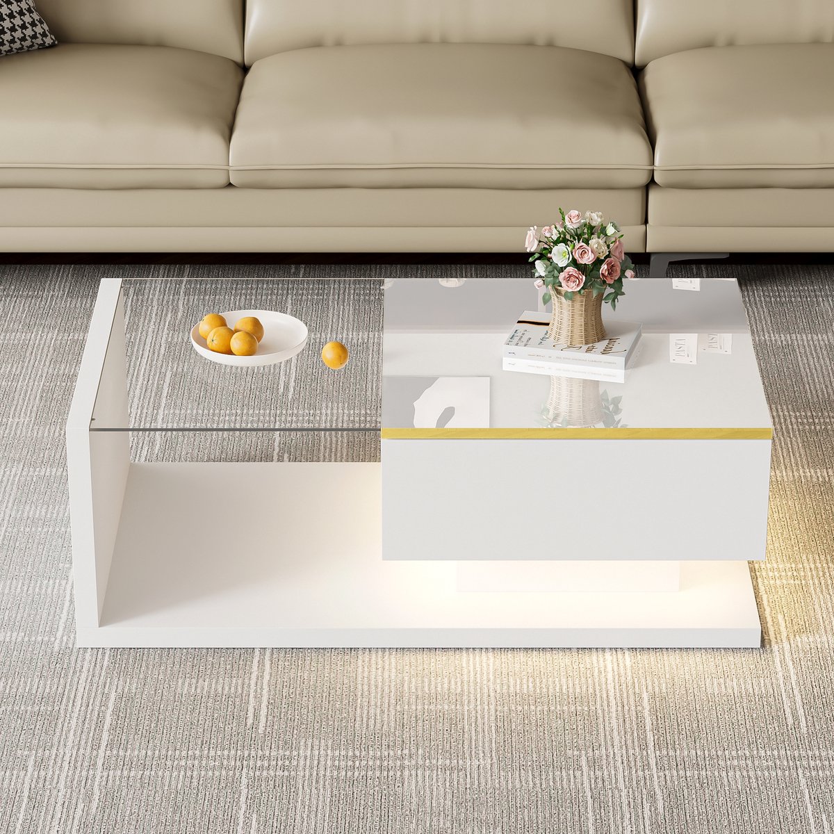 SINGULARITY Salontafel - 90 cm lang - Hoogglans Wit- Bijzettafel - met glas en LED-effect