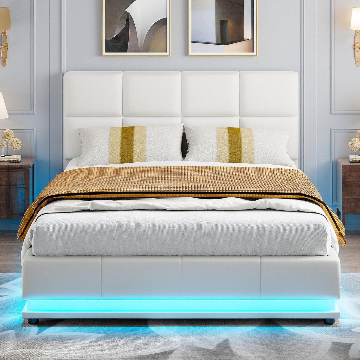 Gestoffeerd bed 140 x 190 cm, tweepersoonsbed met LED, hydraulisch hefbaar opbergbed, lattenbodem, met in hoogte verstelbaar gestoffeerd hoofdbord, wit (zonder matras)