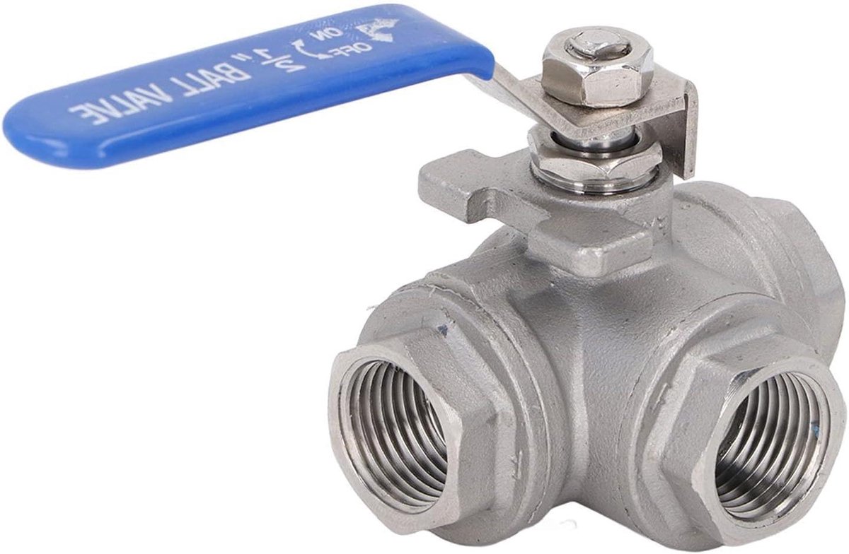 Allecto Plus - 3-weg ballen ventiel 1/2" DN15 roestvrij staal - Handmatige aandrijving voor water, olie en gas.