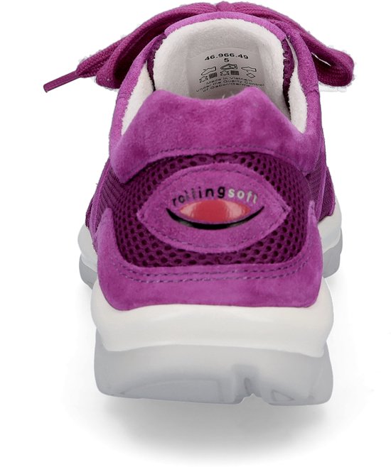 Achterkant van een paarse Gabor rollingsoft sneaker met mesh en suède details en een witte zool.