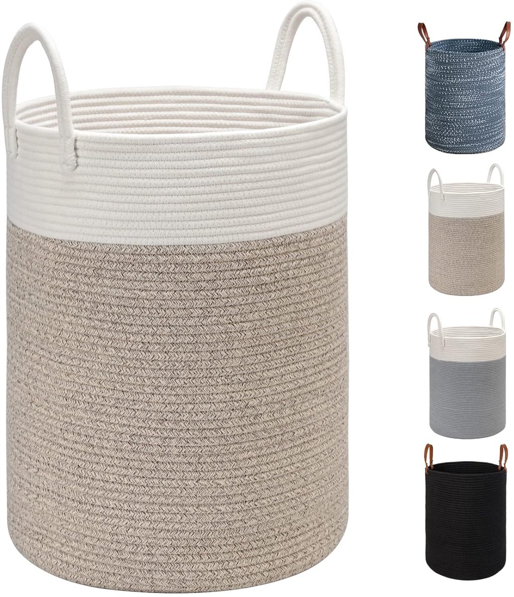 Goedkoopste Grote wasmand van katoenen touw - opvouwbaar - wit/bruin - 40 cm x 50 cm