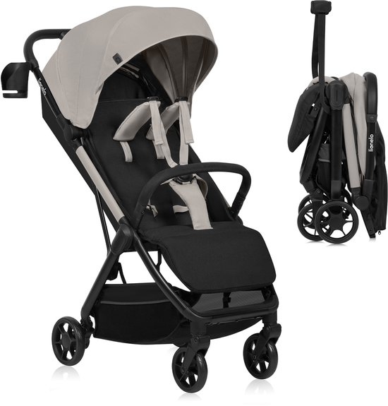 Zwarte buggy met crèmekleurige zonnekap en zitting, een grijze 5-puntsgordel, en een opgevouwen versie ernaast.