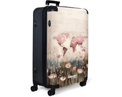 NoBoringSuitcases.com NoBoringSuitcases.com® - Koffer groot - Reiskoffer lichtgewicht - Wereldkaart - Roze - Bloemen - Rolkoffer met 4 wielen - Grote trolley XL - 98 liter bagage