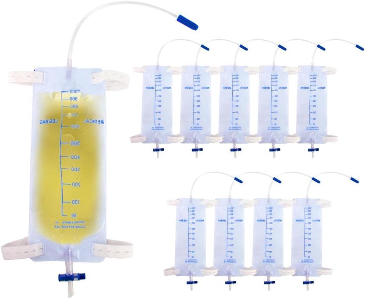 Allecto Plus - Urinezakjes met 1000 ml capaciteit, anti-reflux-ventiel en stoffen banden - 10 stuks
