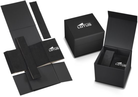 Boîte de montre Lotus noire, ouverte et fermée, avec emballage déplié à côté.