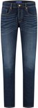 Donkerblauwe jeans met lichte wassing en gele stiksels.