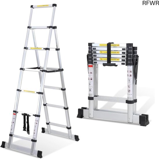 LZQ Telescoopladder, vouwladder, 1,7 m 2 m, aluminium uittrekbare ladder, A-frame, 6 7 treden, multifunctionele ladder, uittrekbare ladder, antislip voor omhoog klimmen, binnen en buiten, 150 kg