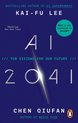 Boekomslag van AI 2041 met de titel, auteurs Kai-Fu Lee en Chen Qiufan, en een subtiele afbeelding van een lichtstraal.