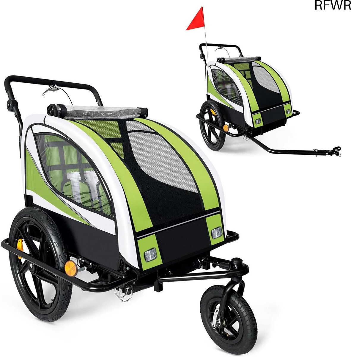 RFWR® 360° Draaibare Fietskar en Buggy 2-in-1 voor 2 Kinderen - Groen/Zwart