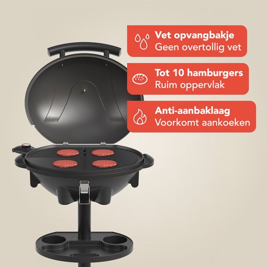 KitchenBrothers Elektrische BBQ - Opvouwbaar - Anti-aanbaklaag - PFAS-vrij - tot 250°C - 2400W - Zwart