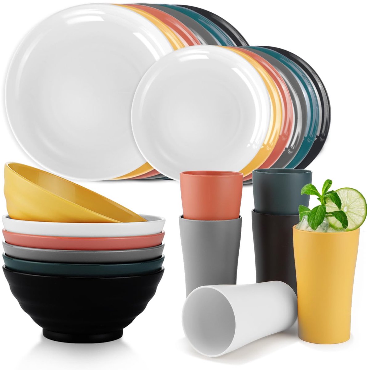 Ibenzoa® Complete 24-delige set van onbreekbaar plastic servies voor kamperen en picknicks met BPA-vrije materialen
