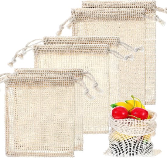 Foto: Aouzo 6 pack cotton net shopping bags 3 sizes reusable vegetable bags with drawstring fruit bag food storage bag for vegetables fruits and groceries khaki grocery bags khaki grocery bags