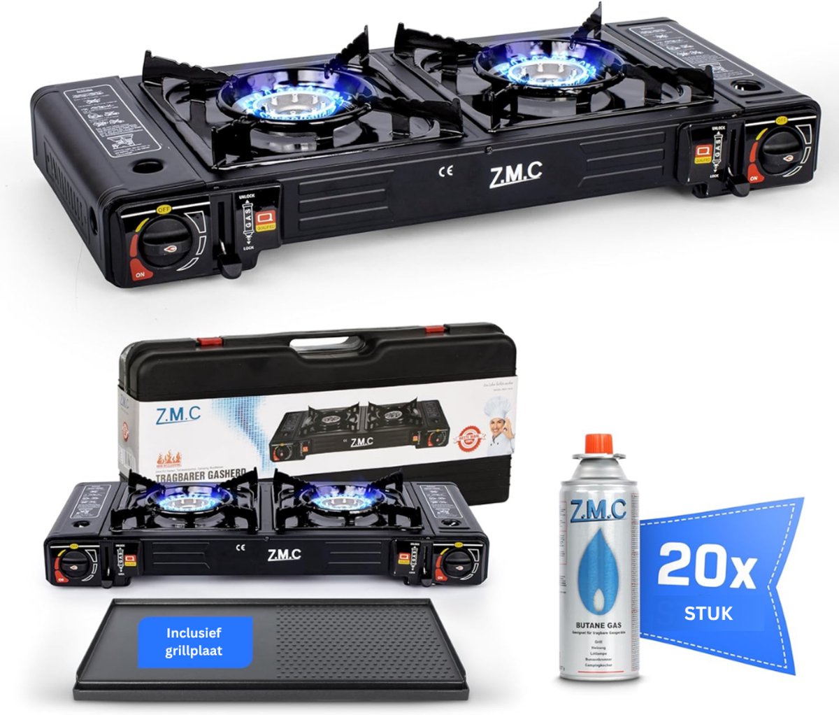 ZMC Campinggasfornuis 2-pits 2,5 kW incl. adapter voor LPG-aansluiting + opbergkoffer Campingfornuis set met gaspatronen en grillplaat naar keuze, met piëzo-ontsteking, voor buiten en binnen - Gasfornuis met 20 gaspatronen