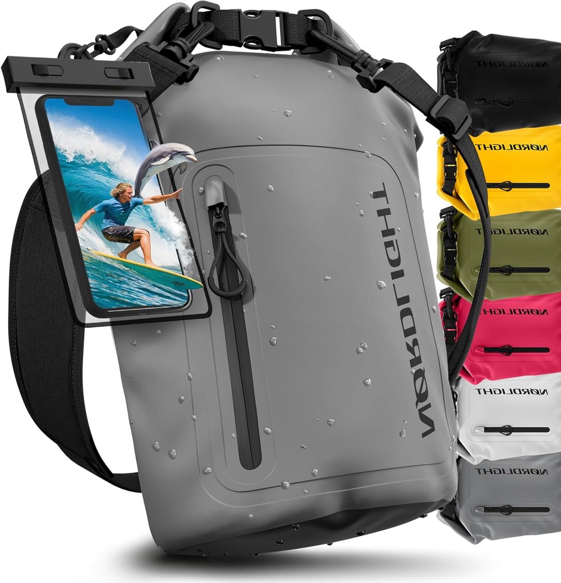 Waterdichte Tas met Telefoonhoes + Roll-Top Schouderriem | Waterdichte Rugzak Waterdichte Pakzak Packsack Duffeltas Wetbag 20 Liter - Grijs
