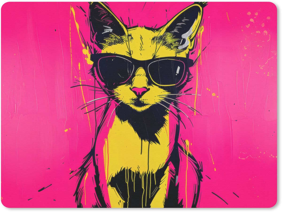 Muismat 23x19 cm - Mousepad Kat - Art - Zonnebril - Roze - Muismatten