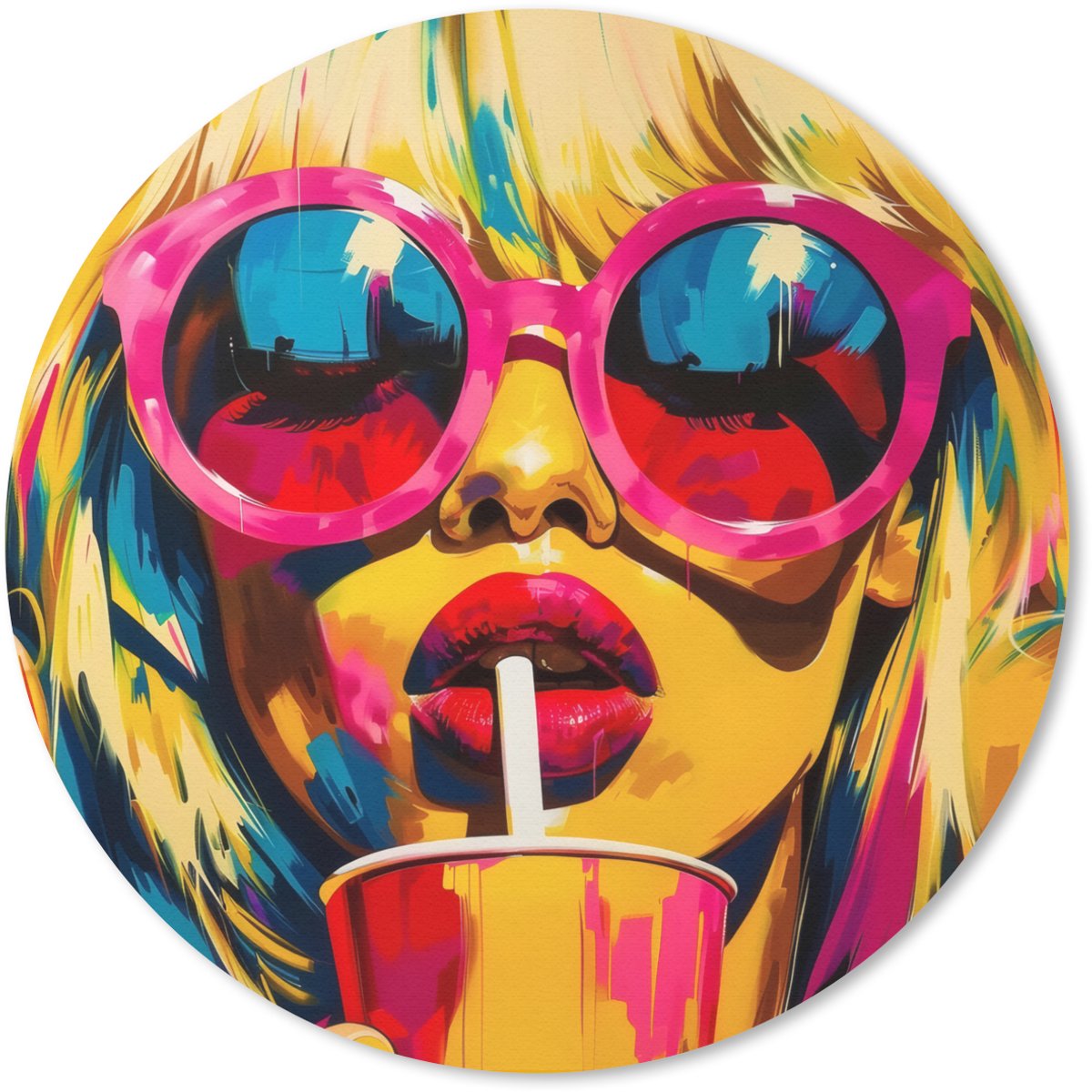 Muismat rond 30x30 cm - Mousepad Zonnebril - Roze - Vrouw - Rietje - Ronde muismatten